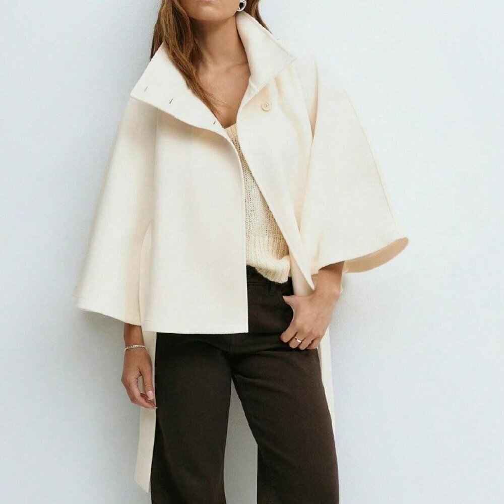 Apricot Elegant Women's Cloak With Stand Collar & Belt - Picture 1 of 3